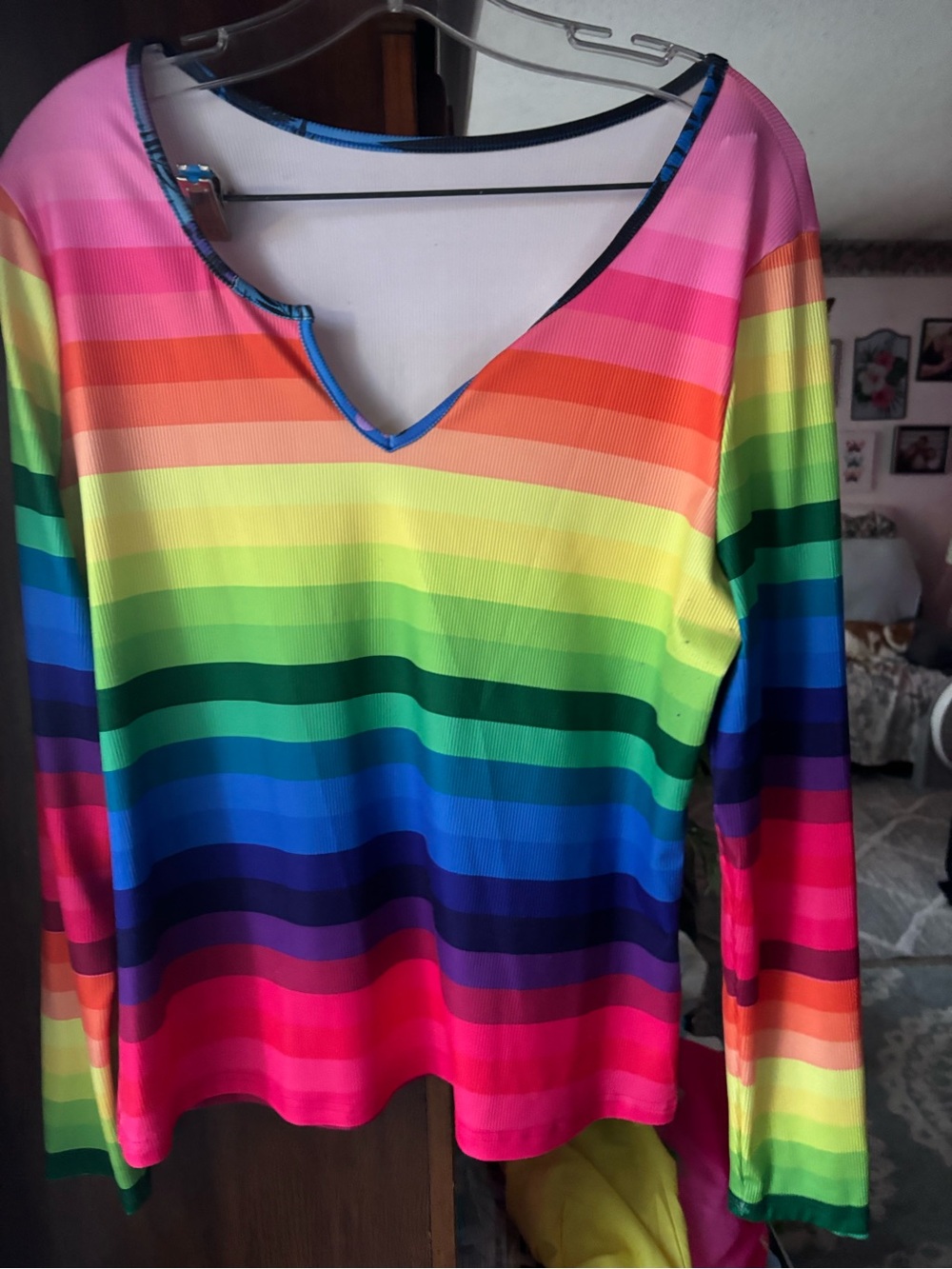Rainbow Striped V-Neck Long Sleeve Top - Multicolor
